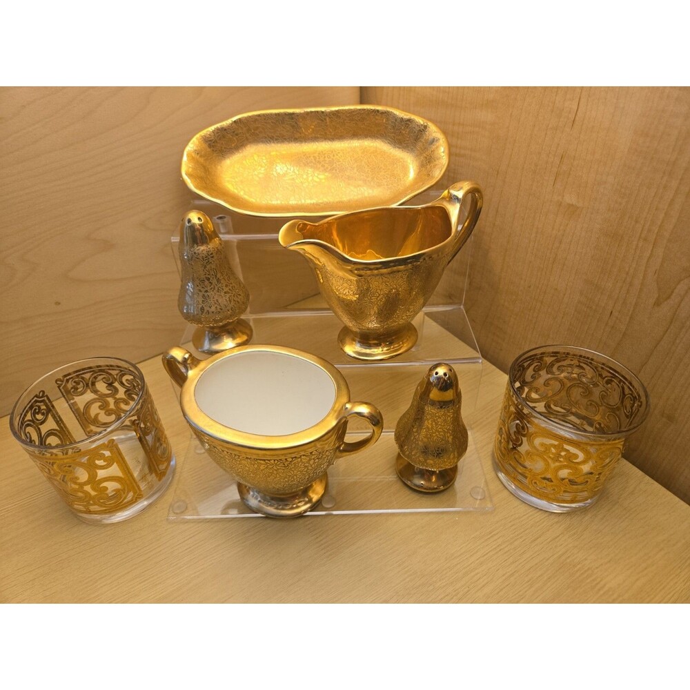 7 Lot Wheeling WV Gold Plated Serveware & Georges Briard Encrusted Rocks Glasses